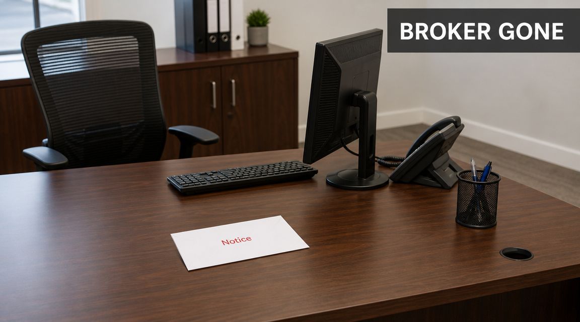 A professional office desk featuring a computer, phone, and an envelope labeled Notice on the surface.