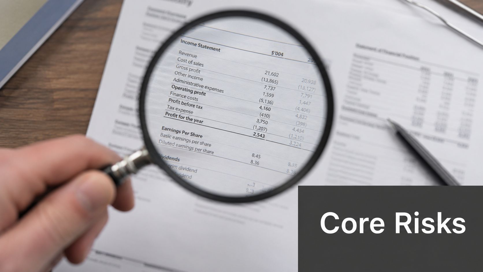 A person using a magnifying glass to examine a financial income statement document on a desk.