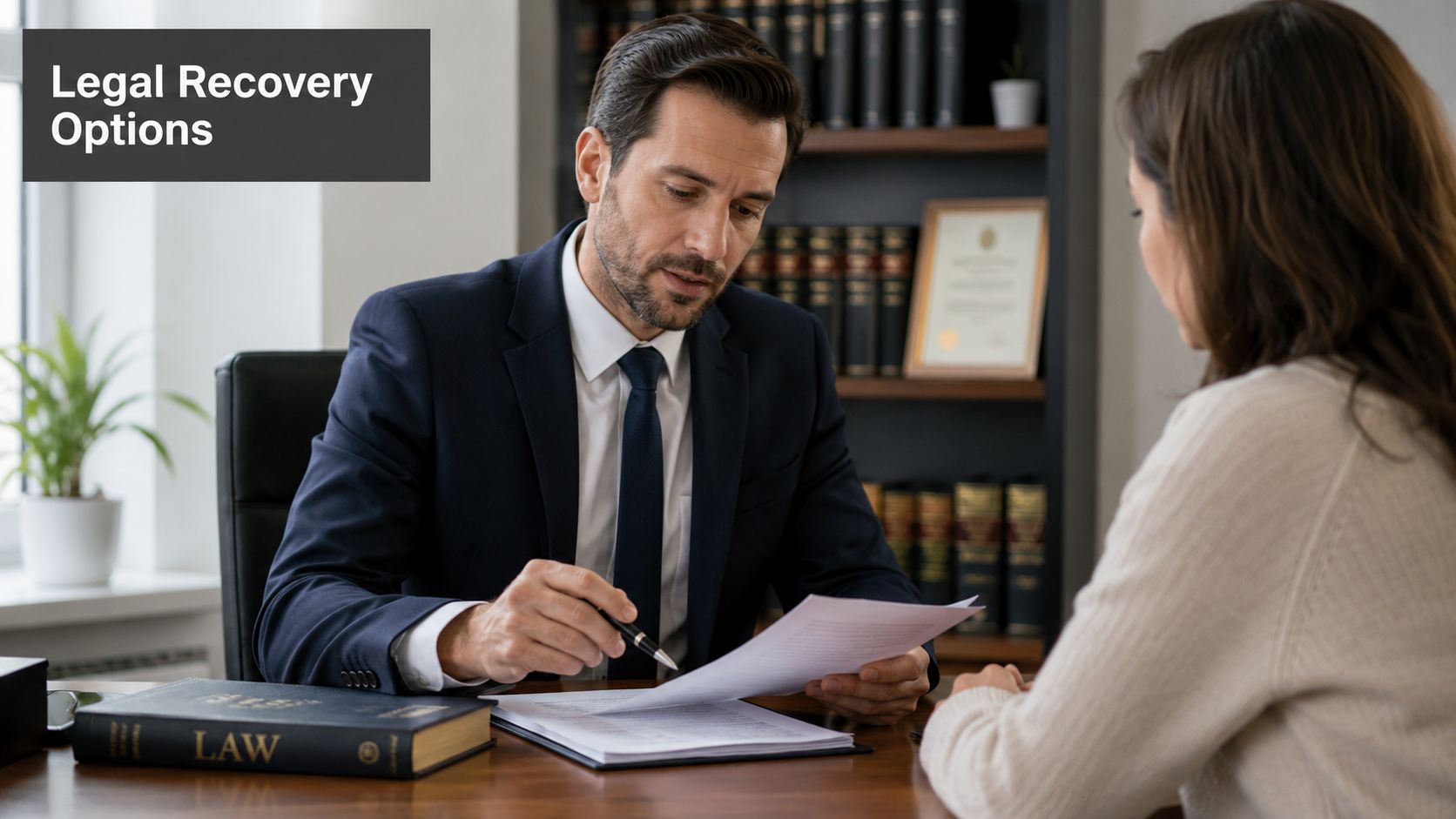 A professional male lawyer in a suit discusses legal documents with a female client in an office.