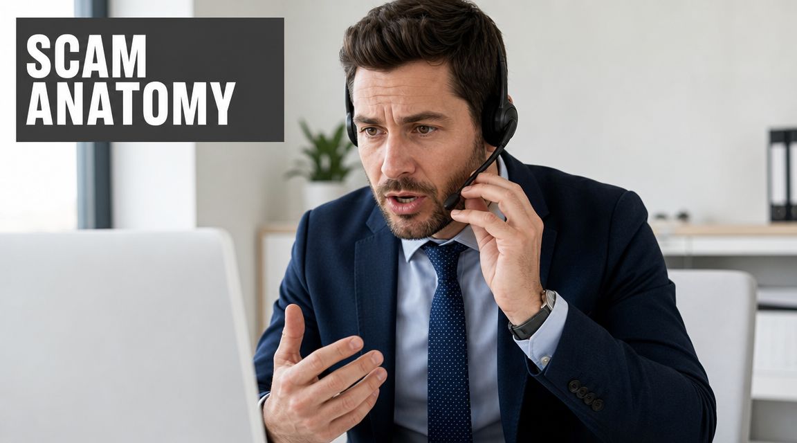 A professional man in a business suit wearing a headset while looking concerned at a laptop computer.
