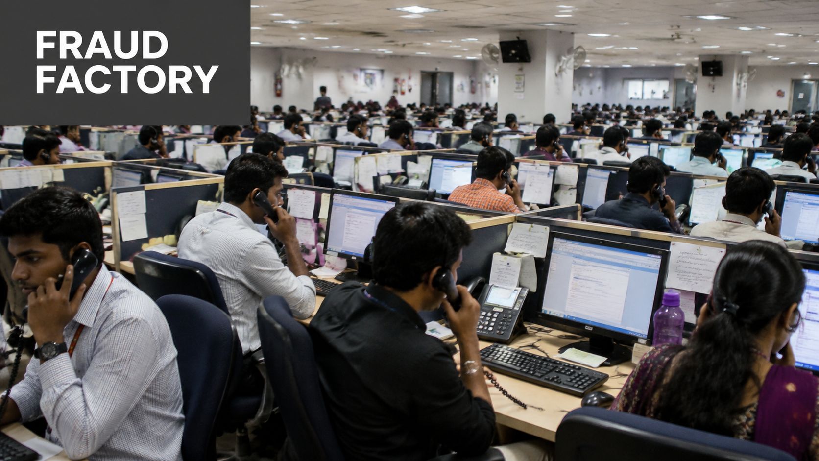 A crowded office space featuring many employees at their desks working on computers and making phone calls.