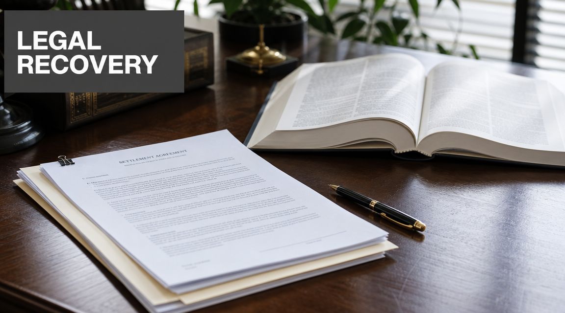 A legal settlement agreement paper sits on a wooden desk next to a law book and pen.