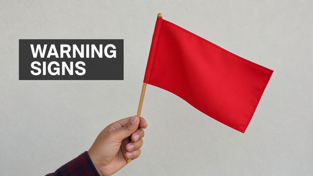 A person's hand holds a small red flag against a plain background with the text Warning Signs.