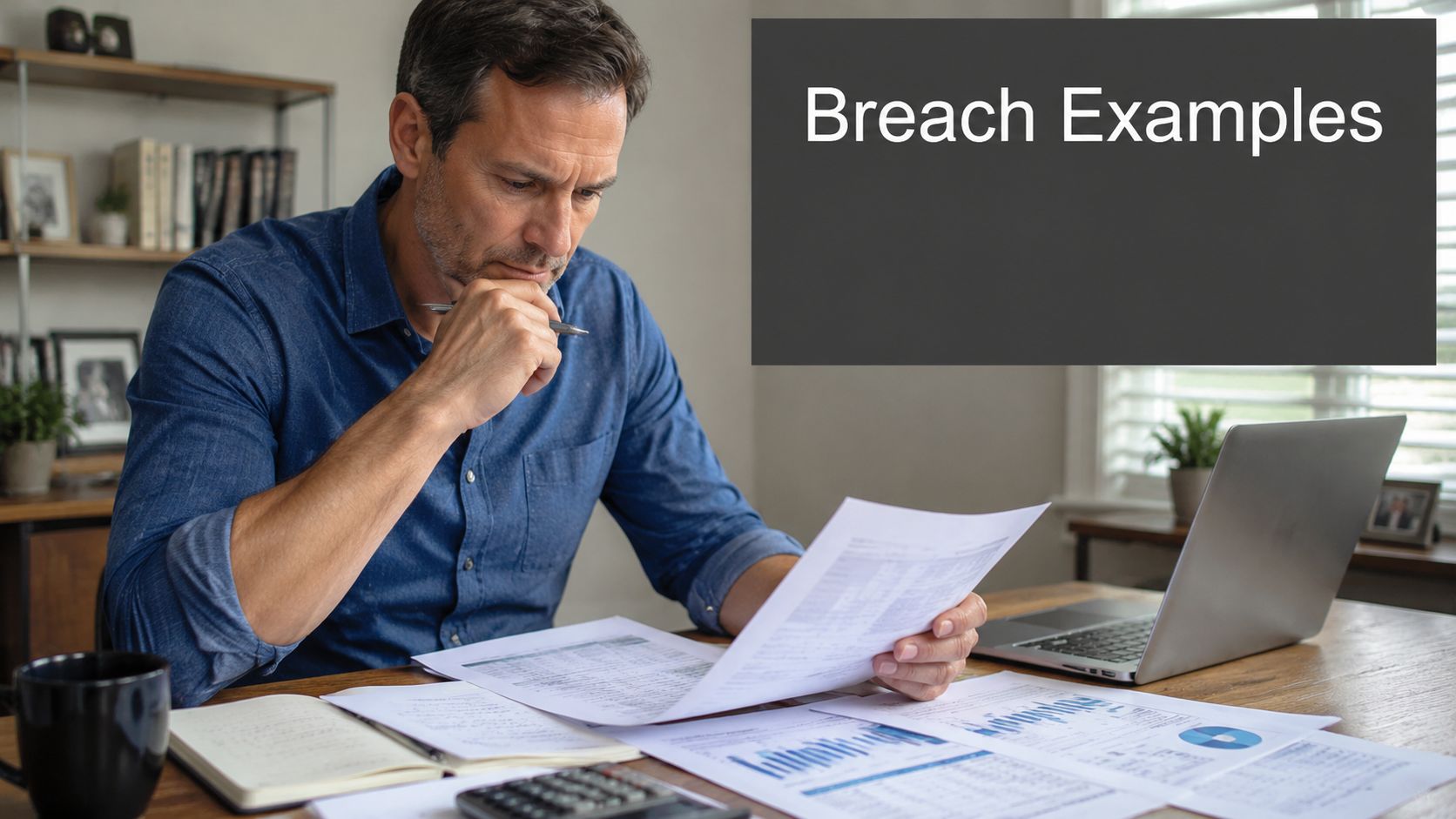 A professional man sitting at a desk reviewing financial documents for a breach of fiduciary duty claim.