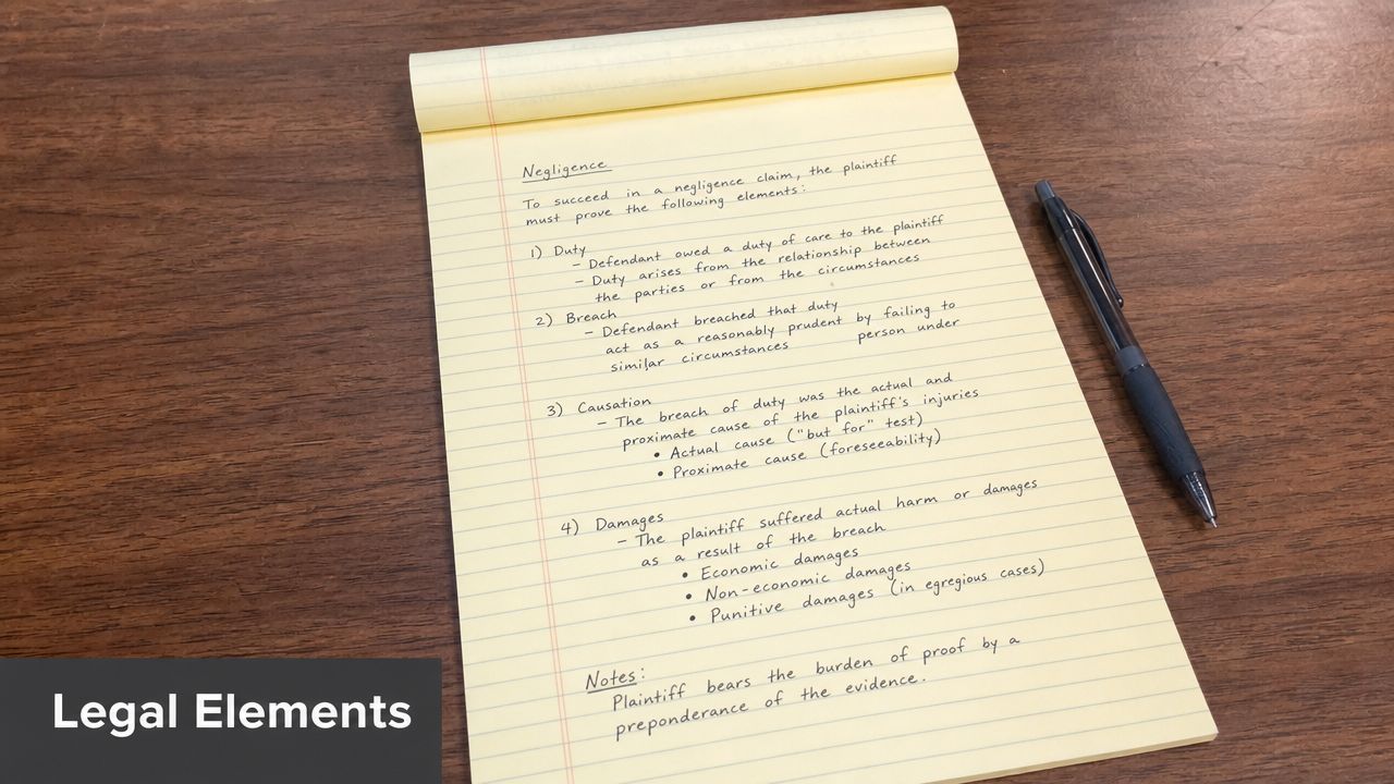A yellow legal notepad on a wooden table displaying handwritten notes explaining the legal elements of negligence.
