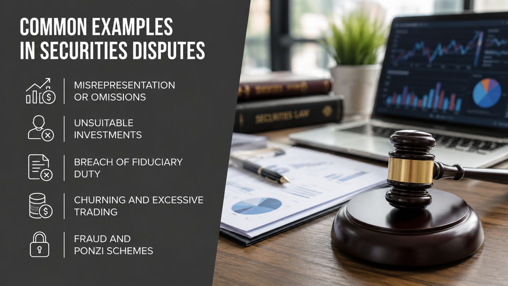 A graphic listing common securities disputes next to a laptop displaying financial charts and a wooden gavel.