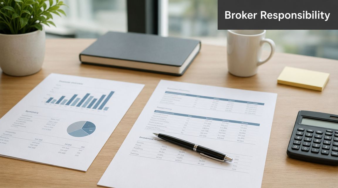 A professional desk setup featuring financial reports, a calculator, and a pen for reviewing broker responsibilities.