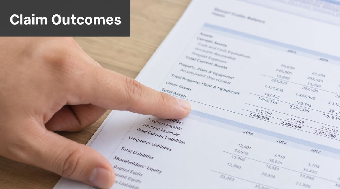 A close-up view of a person pointing to a financial statement document on a desk.