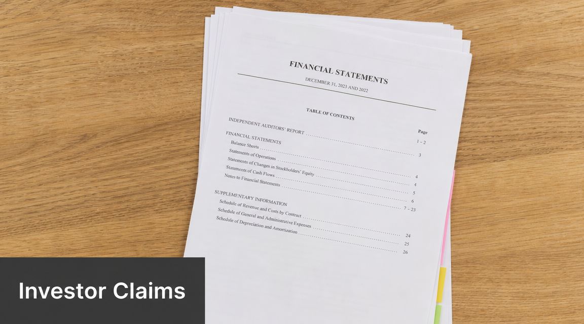 A stack of financial statement documents with a table of contents displayed on a wooden surface.