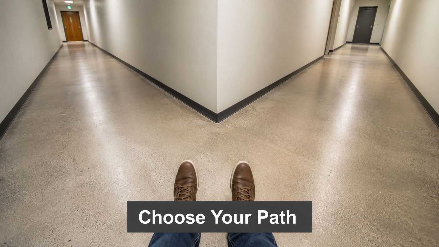 A first-person perspective showing a person standing at a fork in a hallway choosing their path.