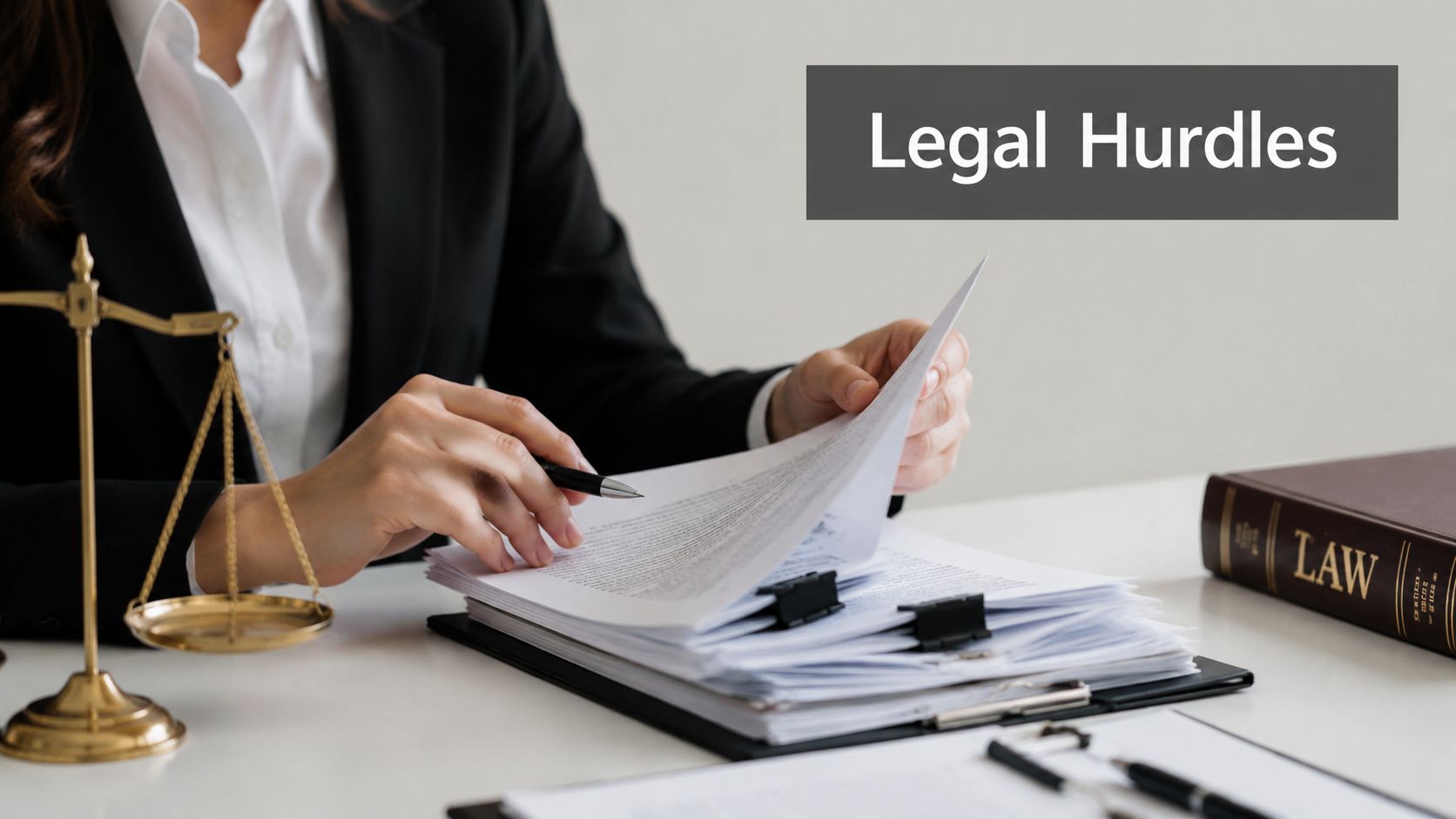 A professional attorney reviewing legal documents with a scale of justice on their desk.