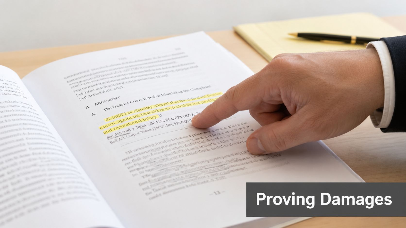 A legal professional points to a highlighted section in a document regarding proving legal damages in court.
