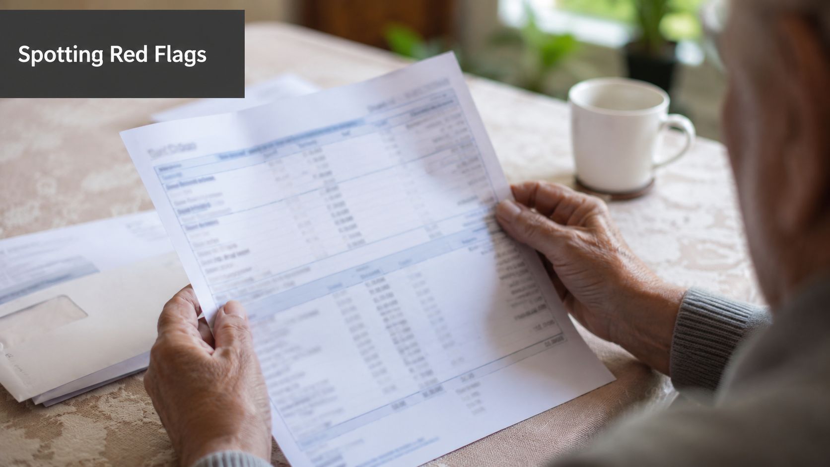 An elderly person examining a financial statement while looking for signs of potential fraud or errors.