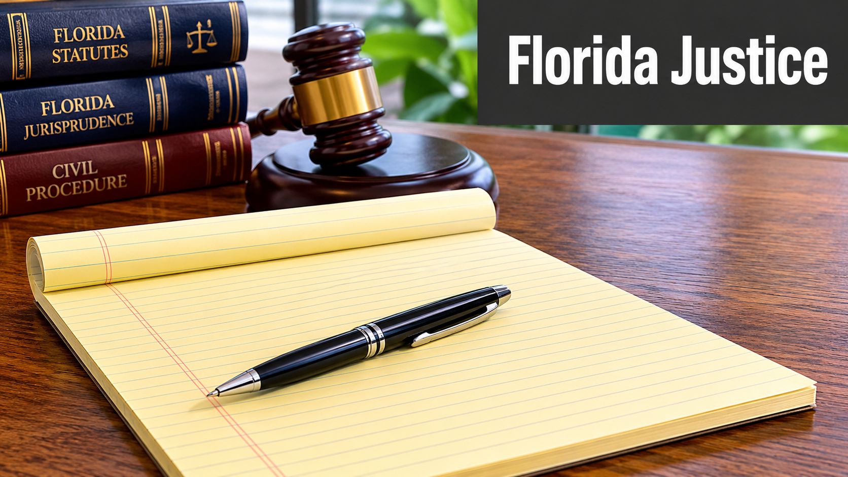 A wooden gavel, stacked law books, and a pen resting on a yellow legal notepad.