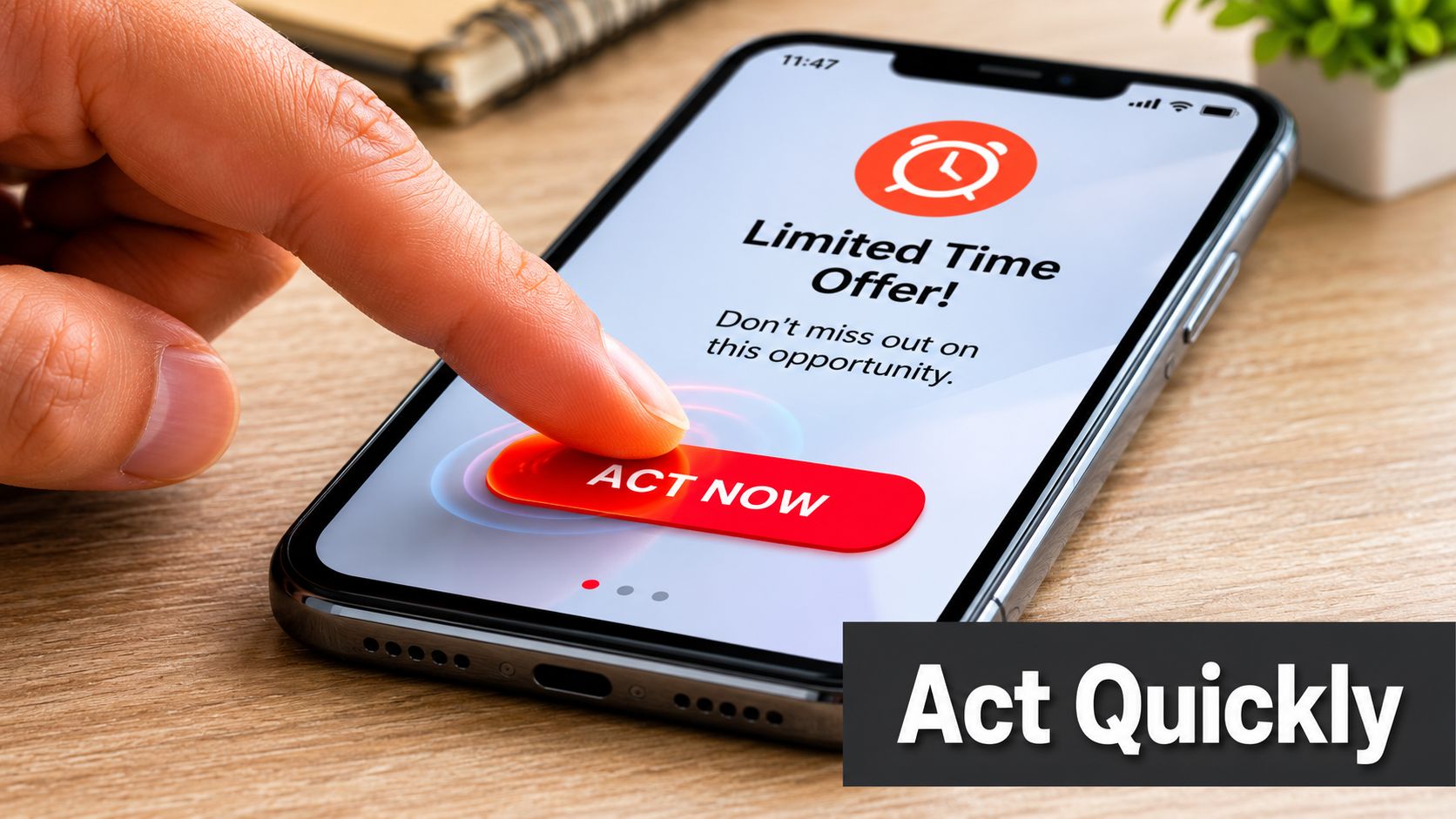 A hand pressing an Act Now button on a smartphone screen showing a limited time offer.