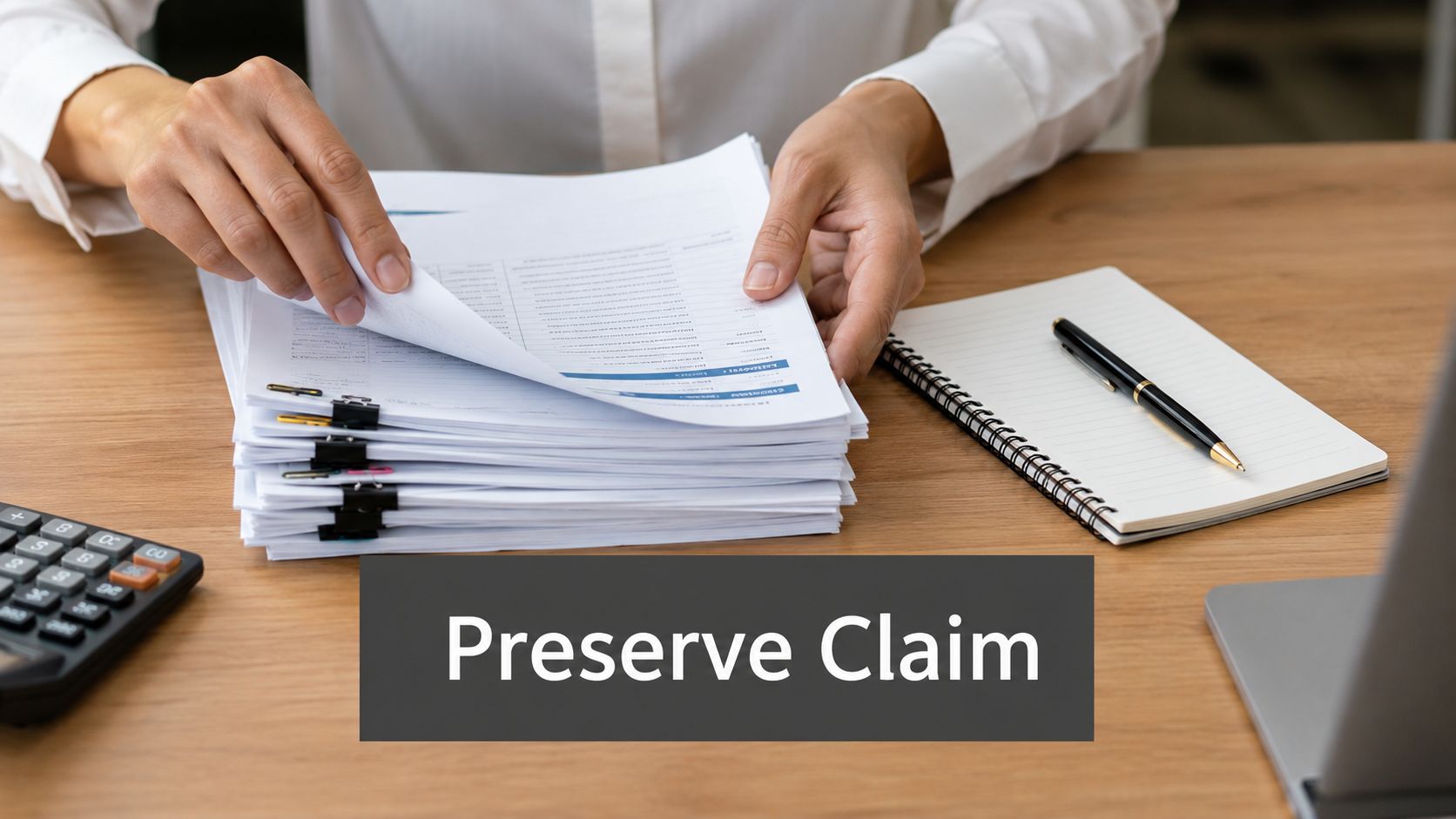 A professional analyzing a stack of insurance claim documents on a wooden desk next to a notebook.