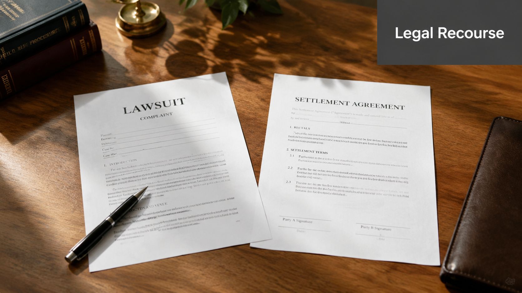A wooden desk holding a lawsuit complaint document and a settlement agreement alongside a pen and books.