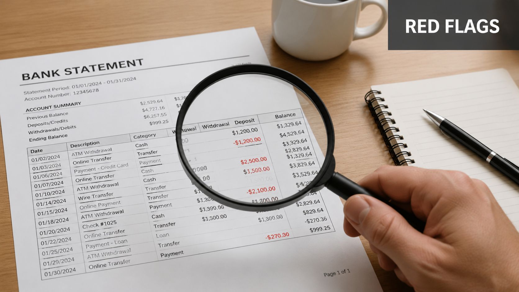 A magnifying glass inspecting a bank statement on a desk, highlighting potential financial irregularities.