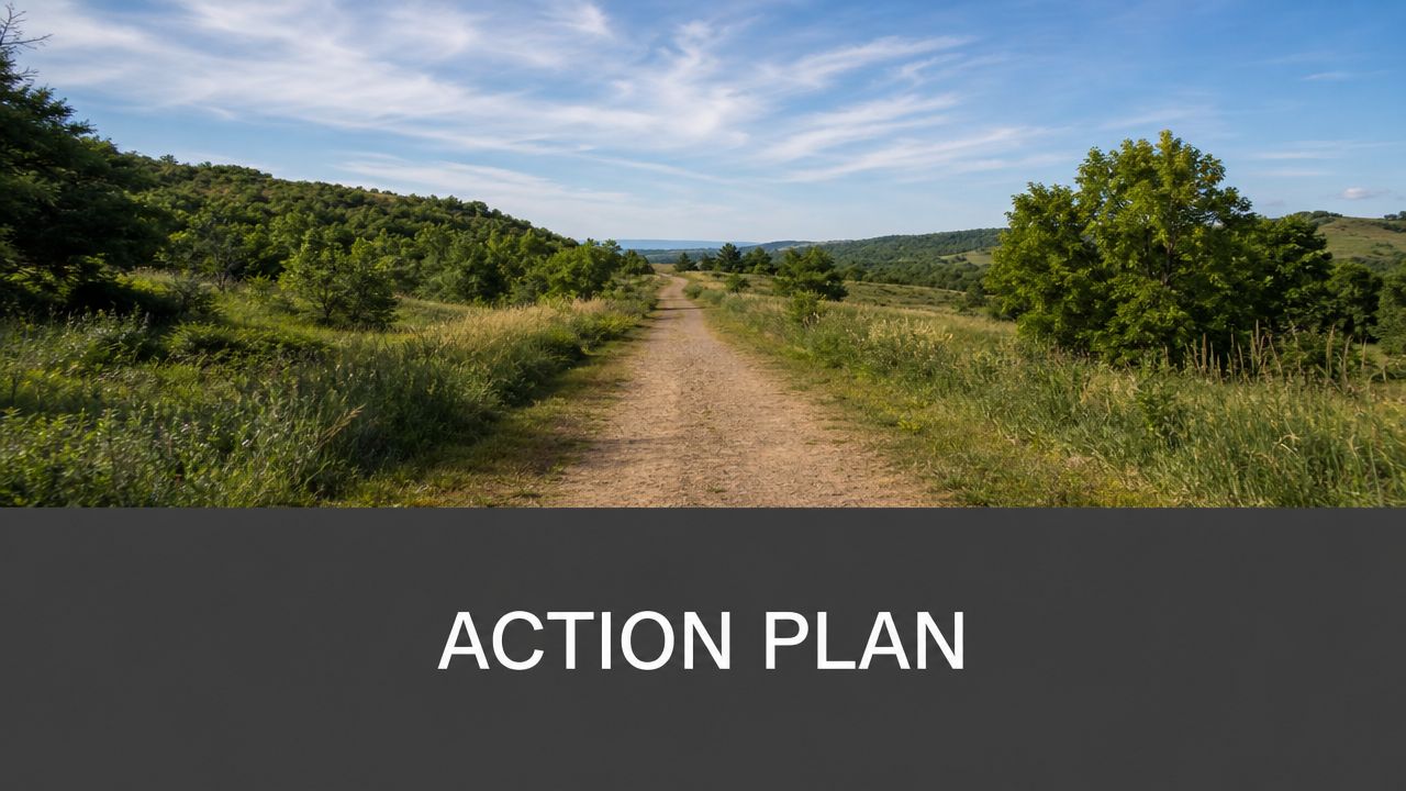 A dirt path leads through a grassy hill toward a distant horizon under a cloudy sky.