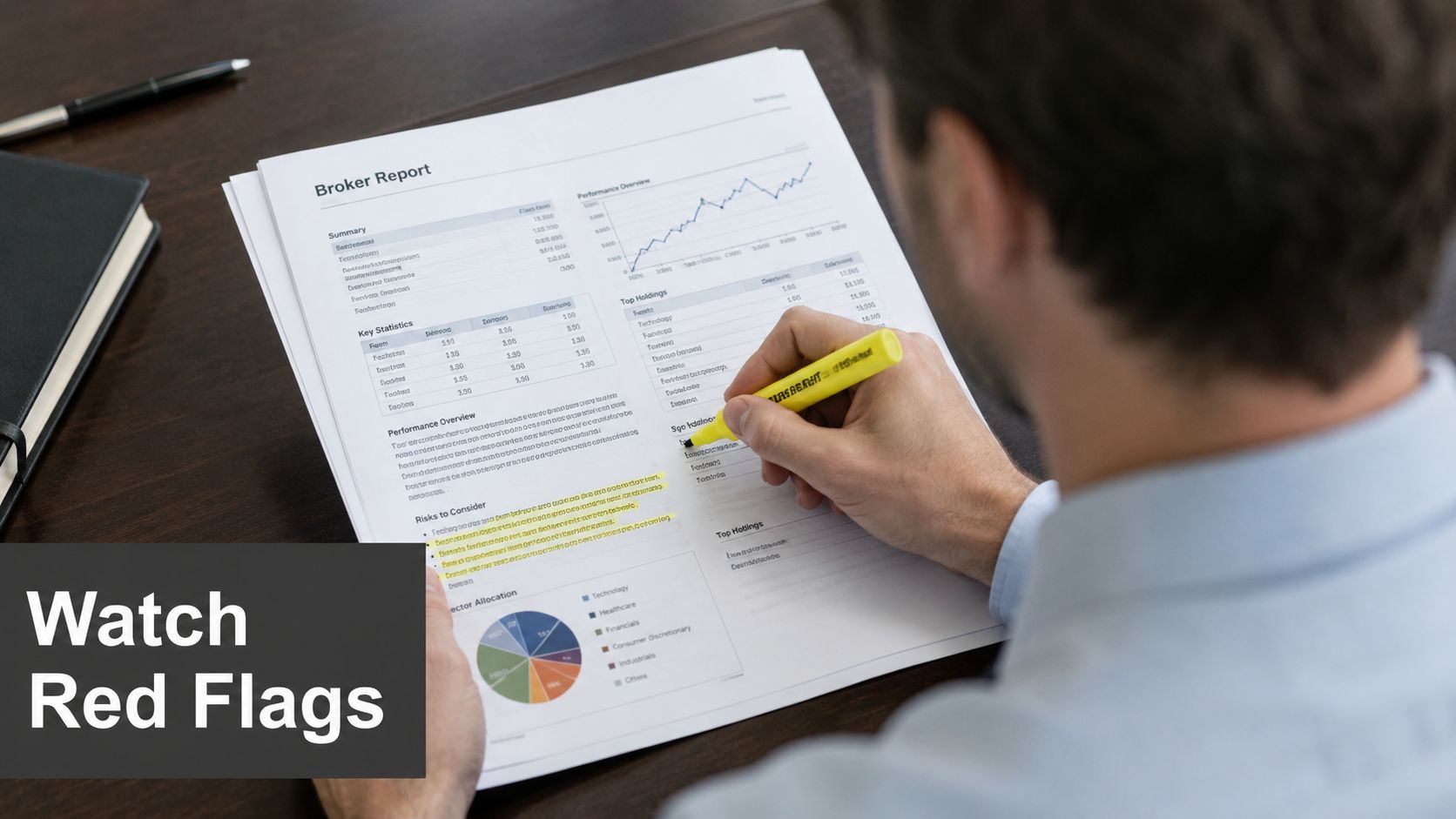 A professional analyzing a broker report document with a yellow highlighter at their desk.