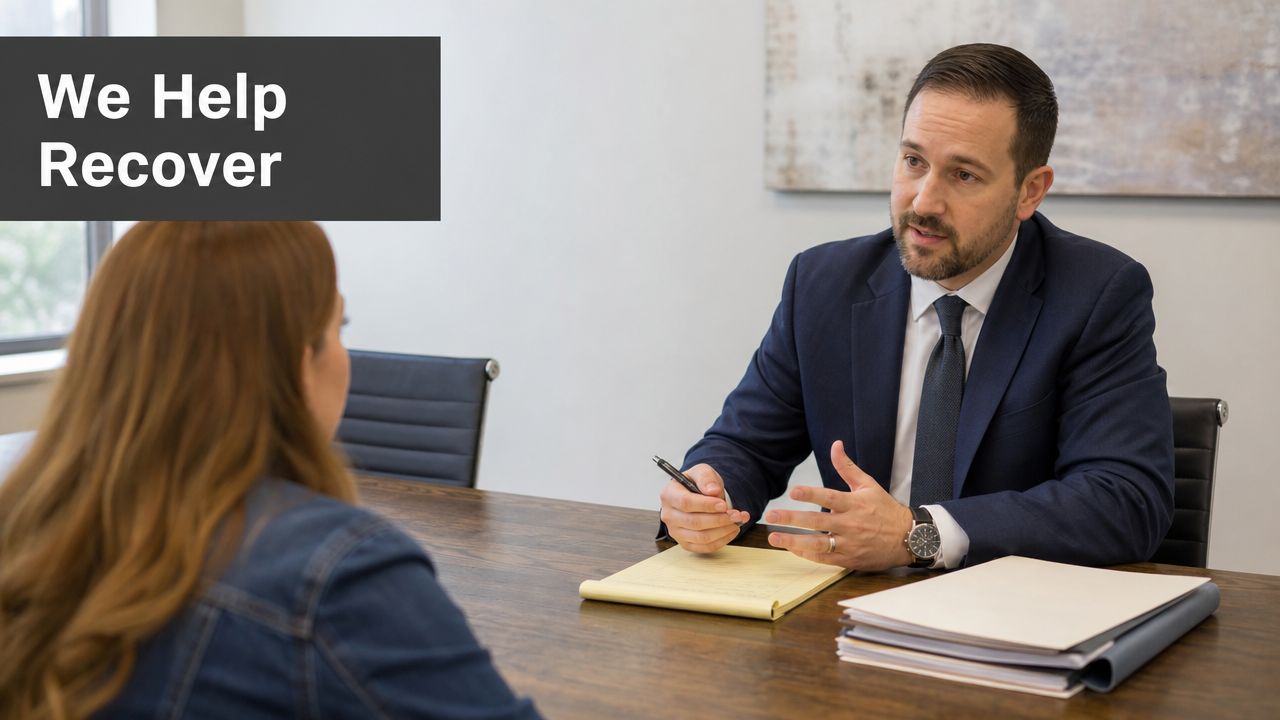 A professional man in a suit discussing legal matters with a female client across a wooden table.