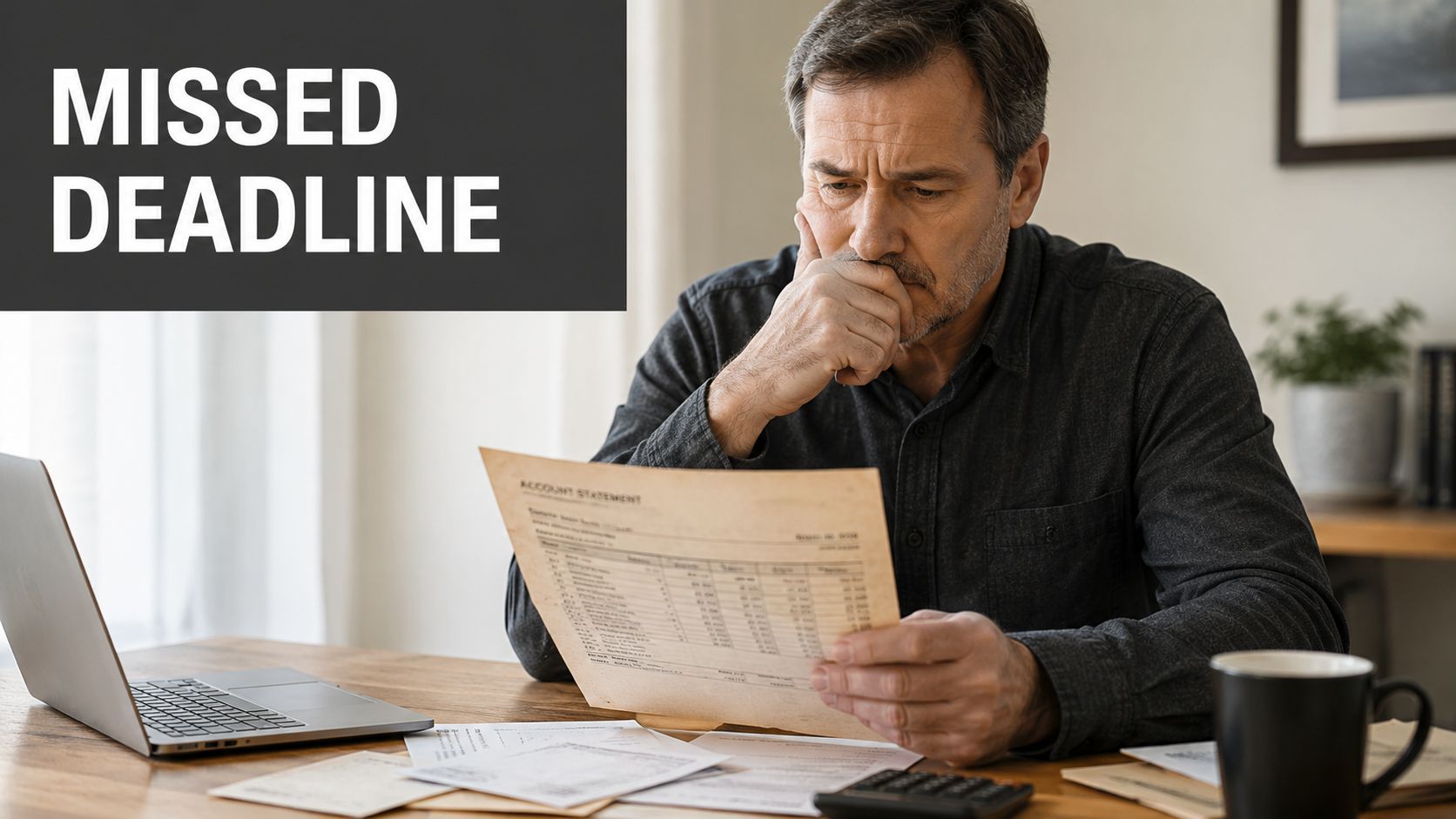 A concerned mature man sitting at a desk reviewing financial documents while appearing stressed and worried.
