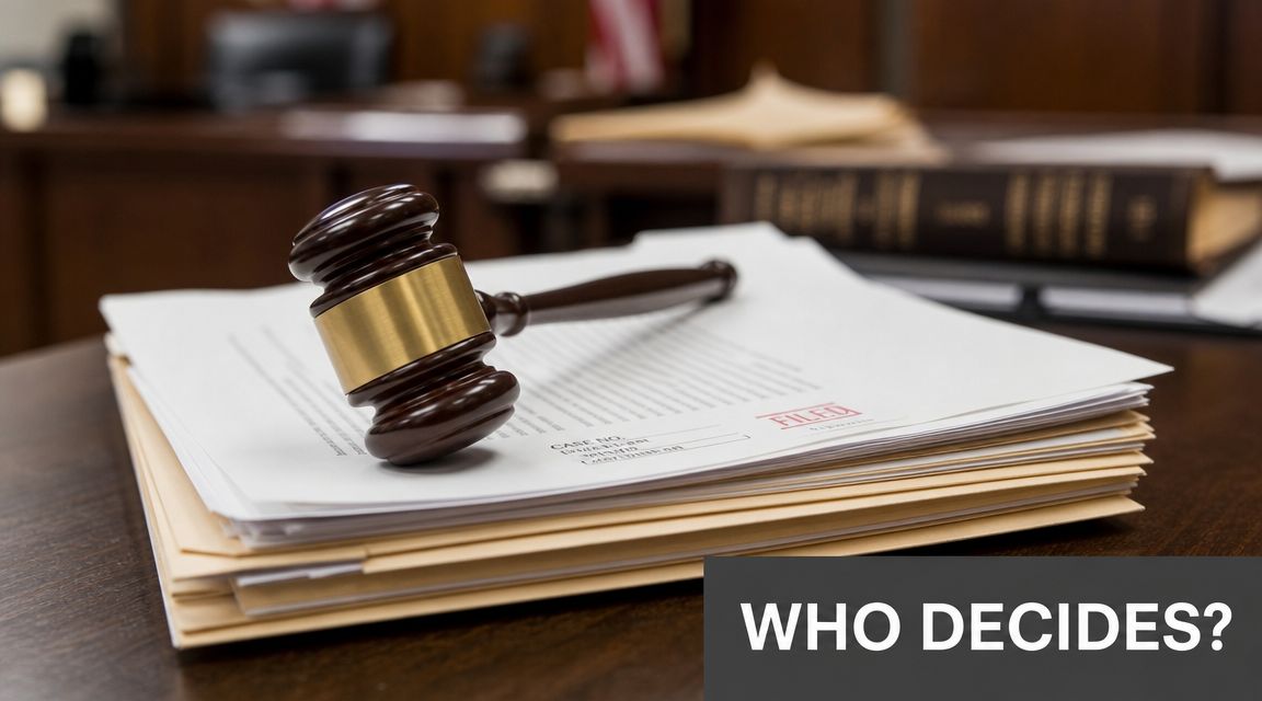 A wooden judge gavel resting on top of a stack of legal documents and paperwork on a desk.