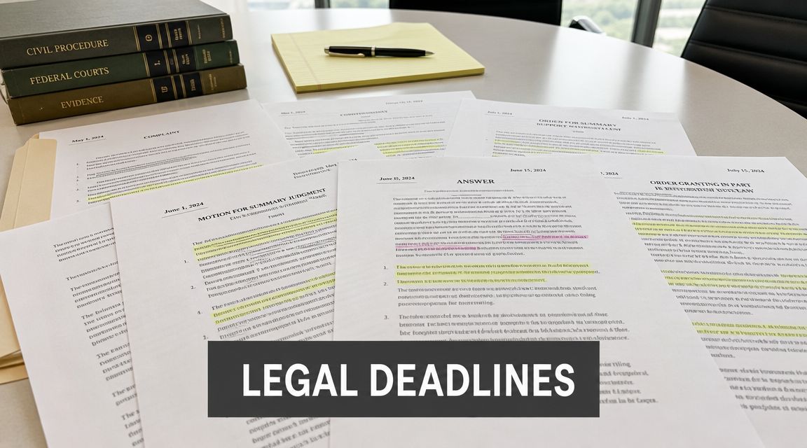 A stack of legal documents and law books on a desk with a focus on legal deadlines.