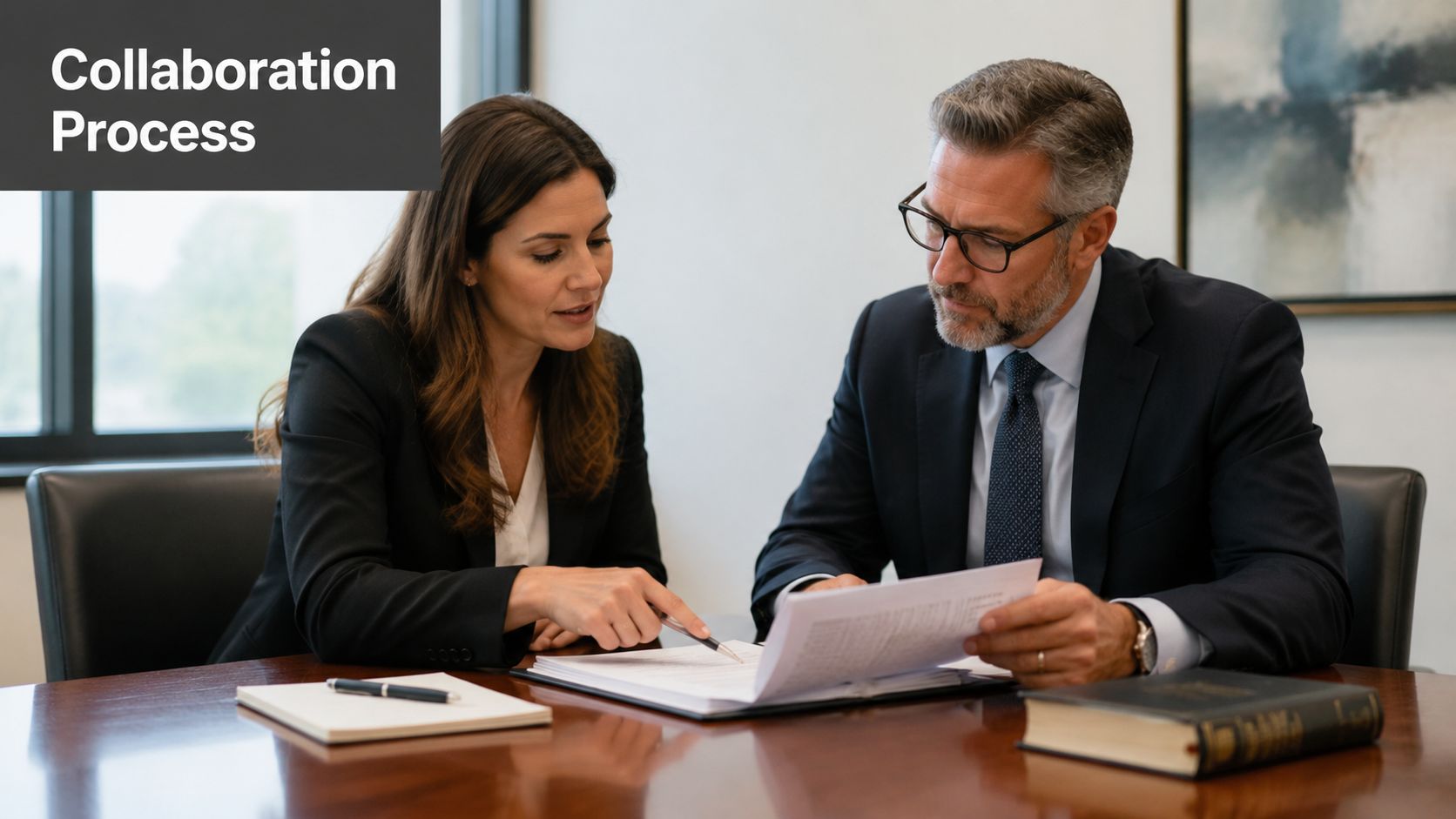 A professional woman and a man in business suits reviewing legal documents in a formal office setting.