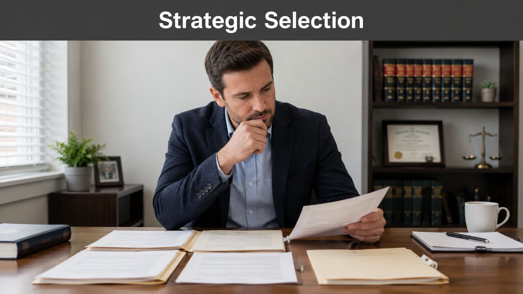 A professional man in a suit reviewing important legal or business documents at his office desk.