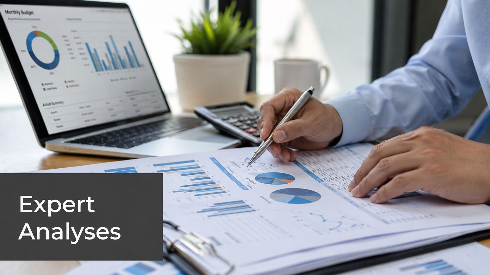 A professional analyzing financial charts and investment budget data on a laptop and paper documents.