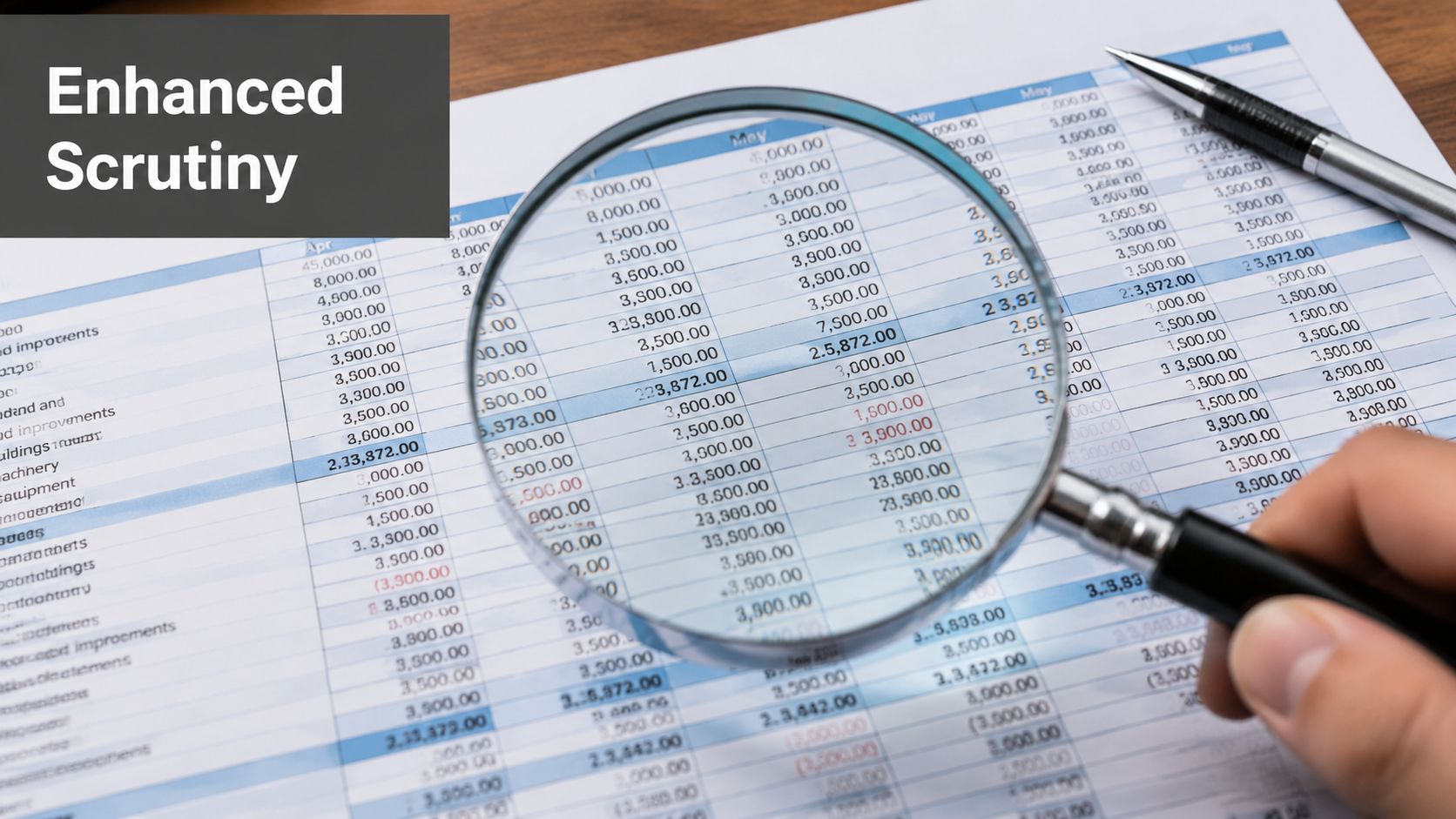 A hand using a magnifying glass to inspect detailed financial spreadsheet documentation for auditing and compliance.