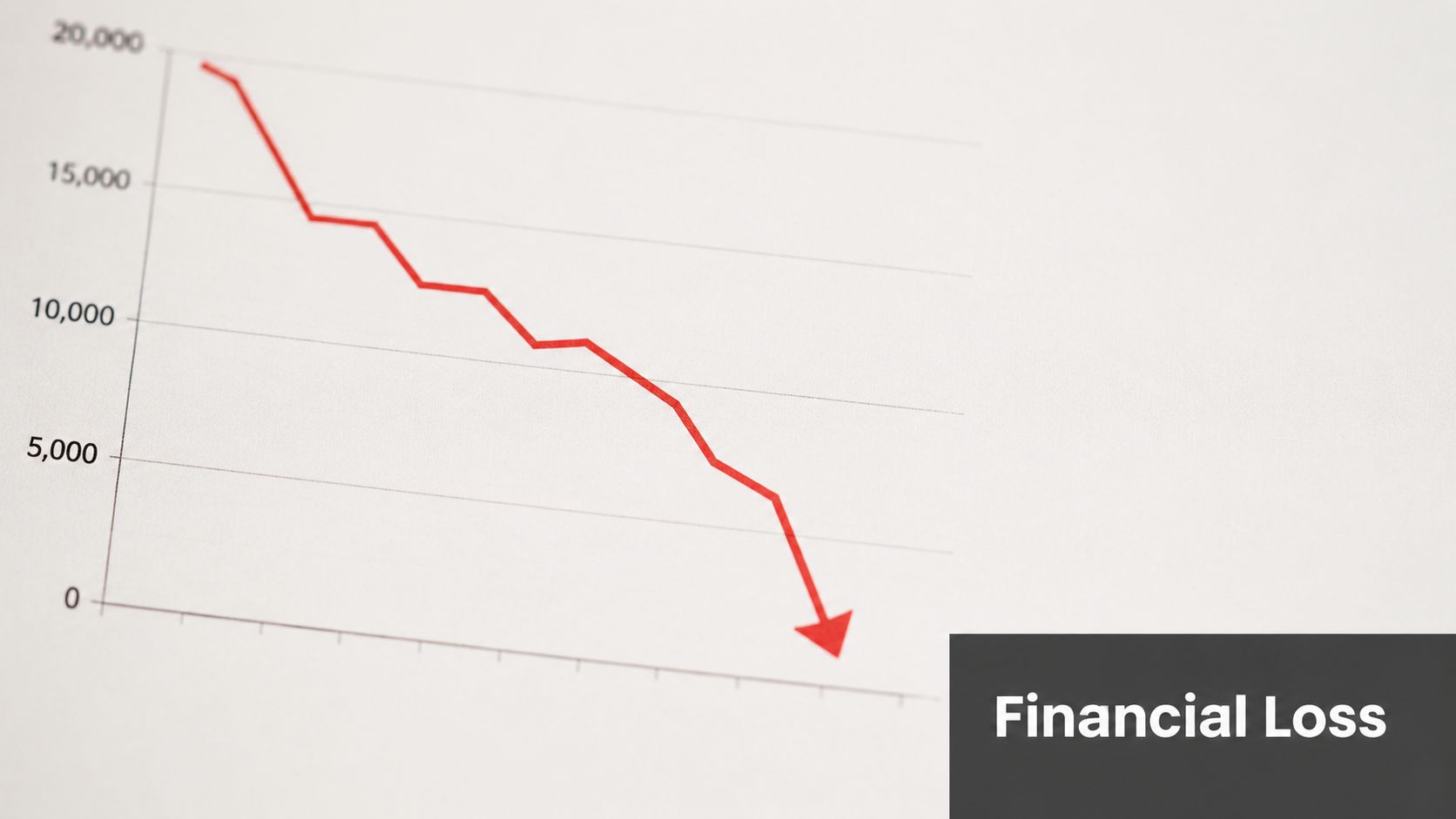 A red line graph declining downward on a white background representing financial loss and economic downturn.