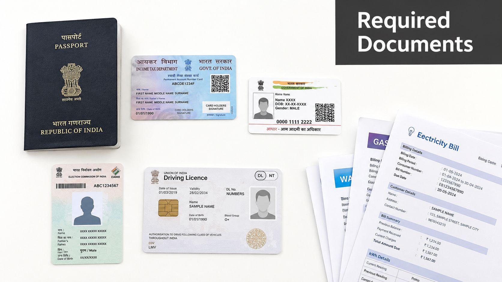 A collection of essential identification and utility documents displayed on a white background for identity verification purposes.