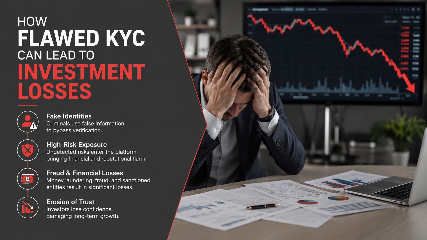 A distressed businessman looking at falling stock market charts, illustrating the risks of flawed KYC processes.