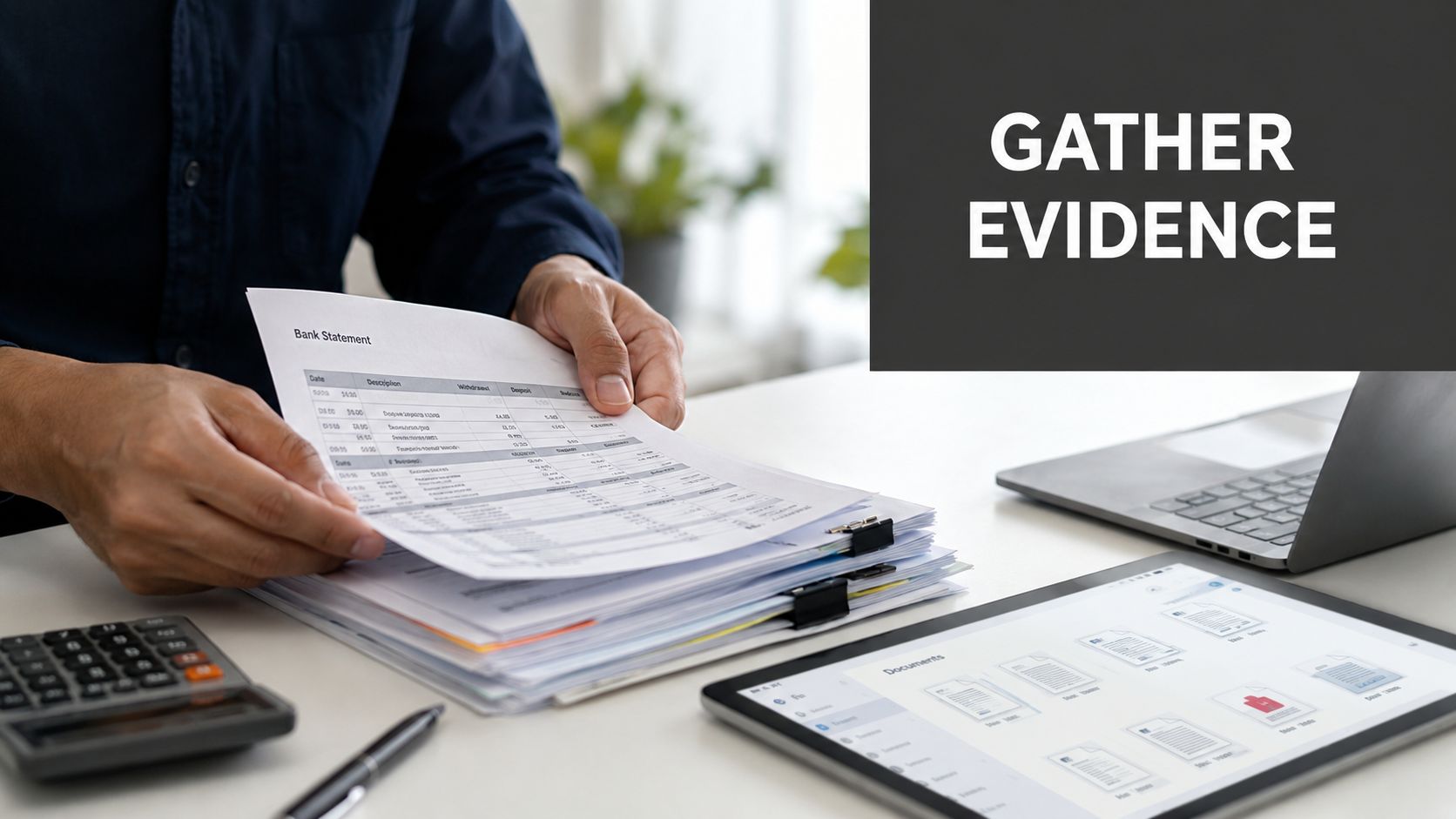A professional analyzing bank statements and digital documents to gather financial evidence at a desk.