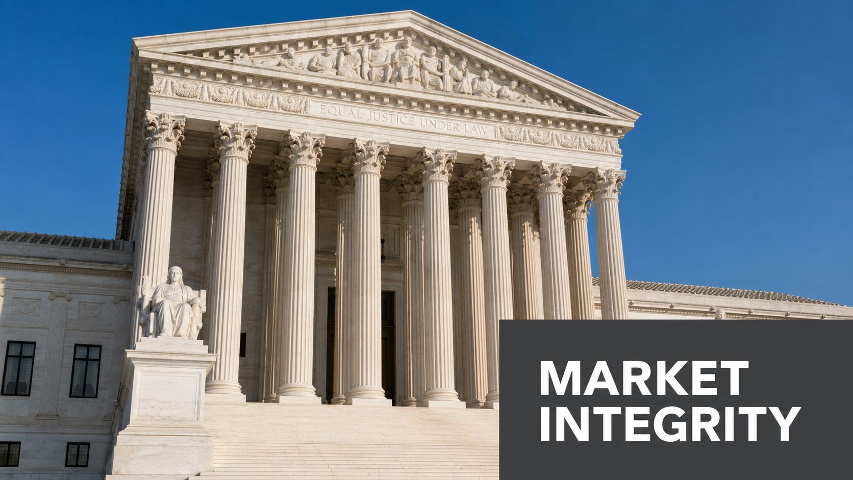 The United States Supreme Court building exterior with columns and the words Market Integrity overlaid.