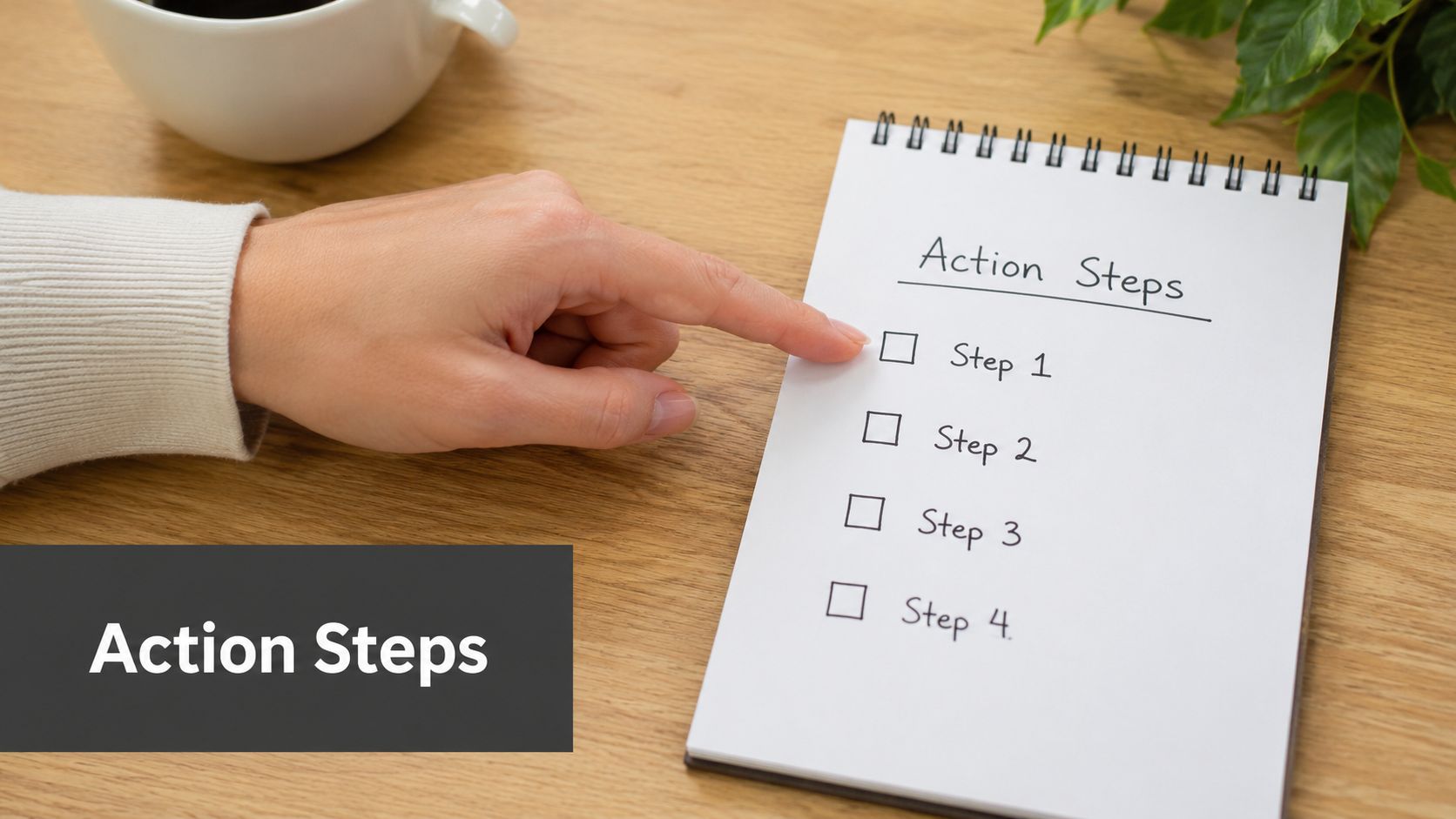 A hand pointing to a checklist titled Action Steps on a notebook resting on a wooden desk.