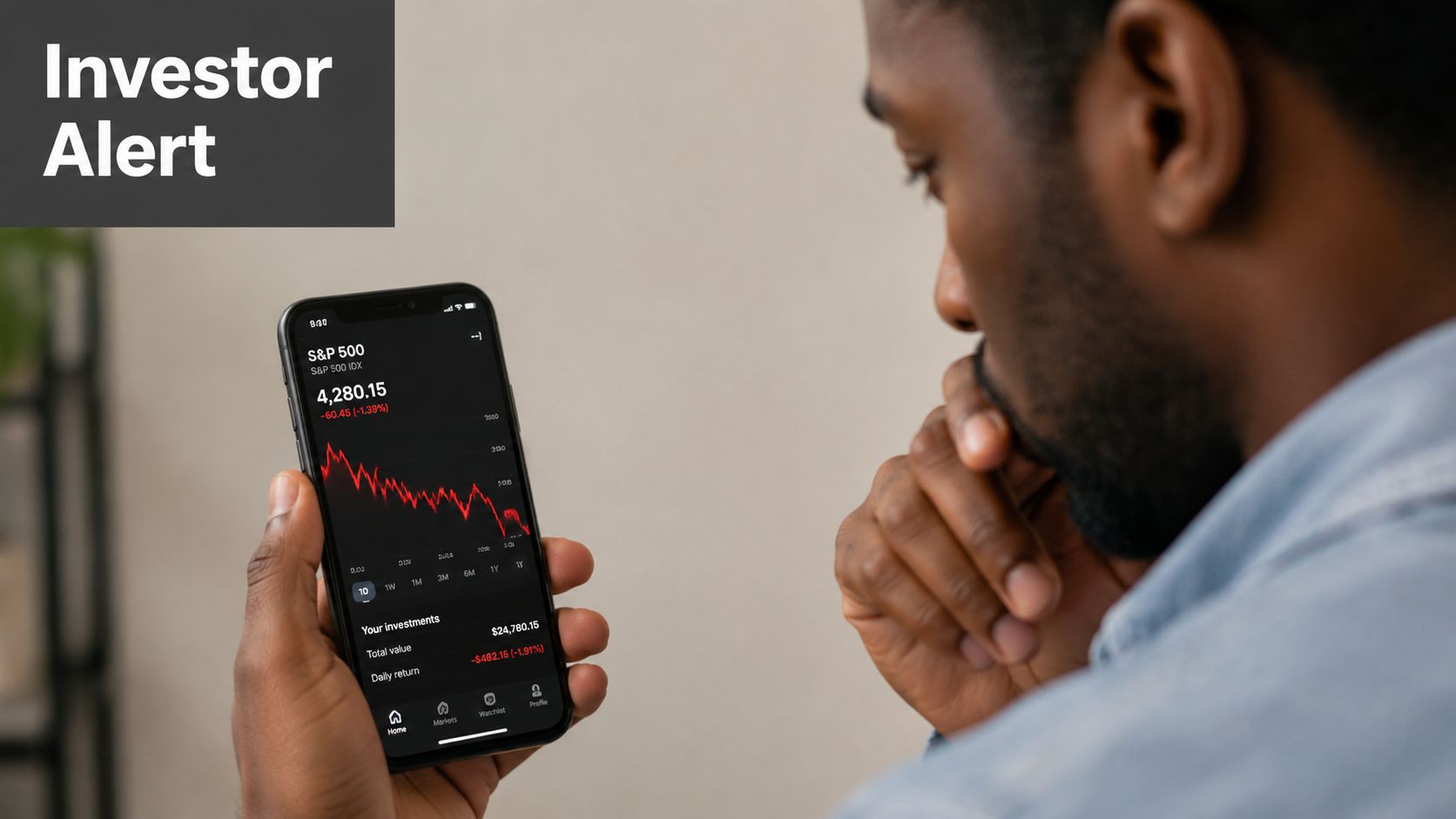 A concerned investor looks at his smartphone screen displaying a sharp decline in S&P 500 stock market data.