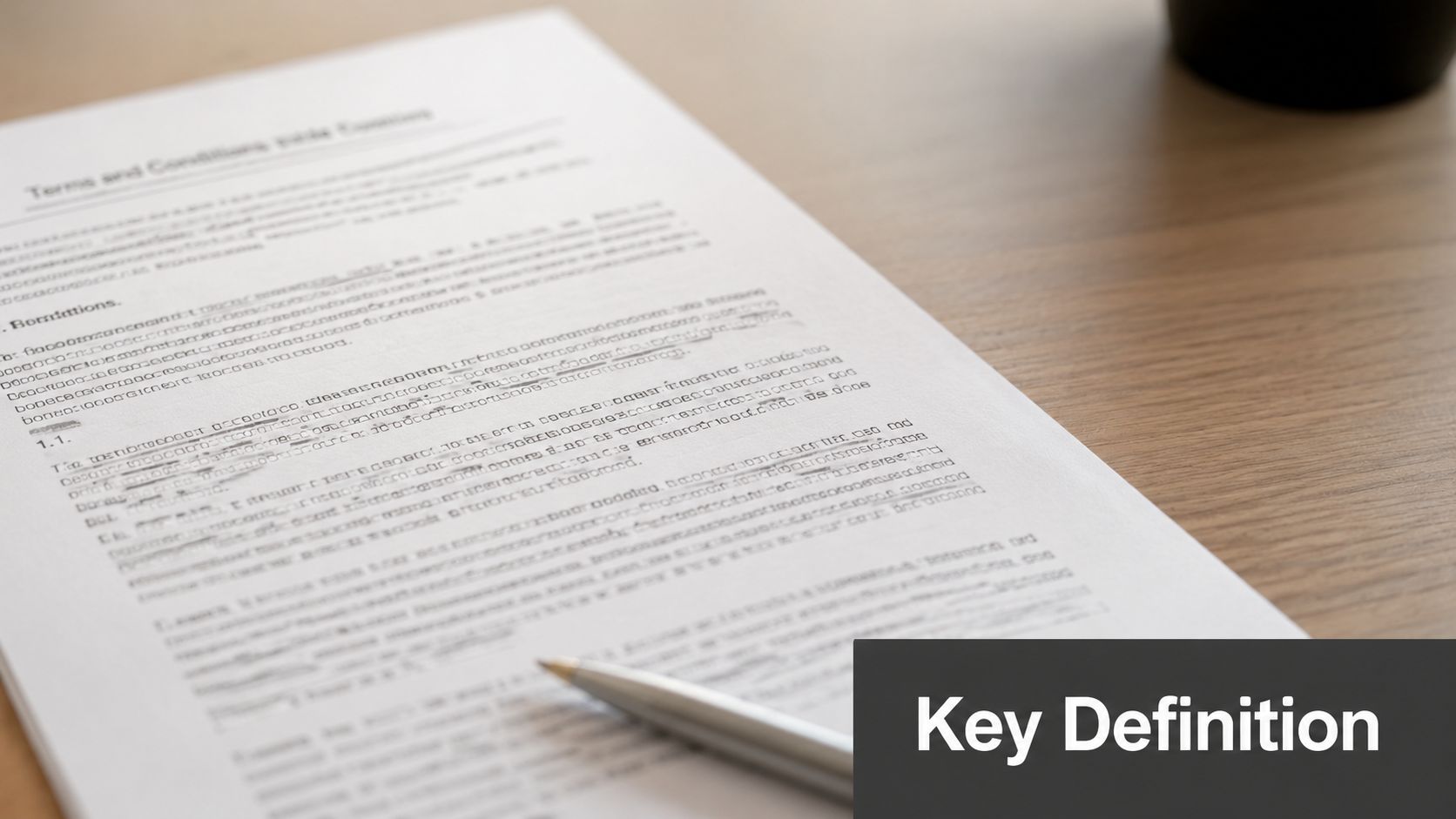 A document titled Terms and Conditions lies on a wooden desk next to a metal pen.