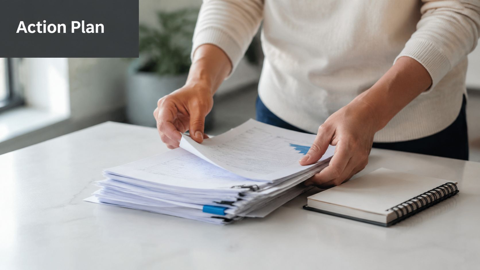 A person organizing a stack of business documents on a white desk next to a notebook.