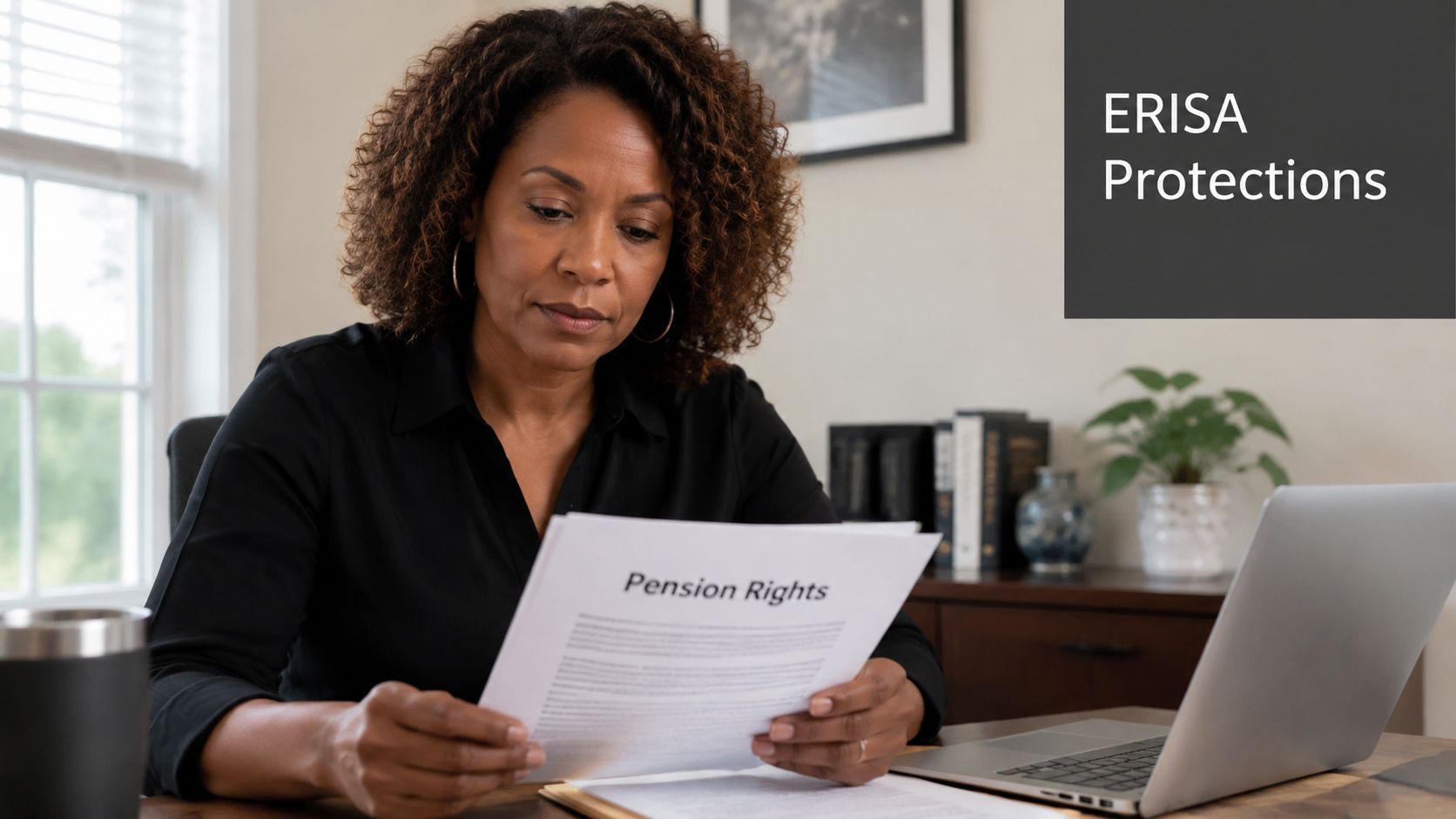 A professional woman reading a document labeled Pension Rights while working at a laptop in her office.