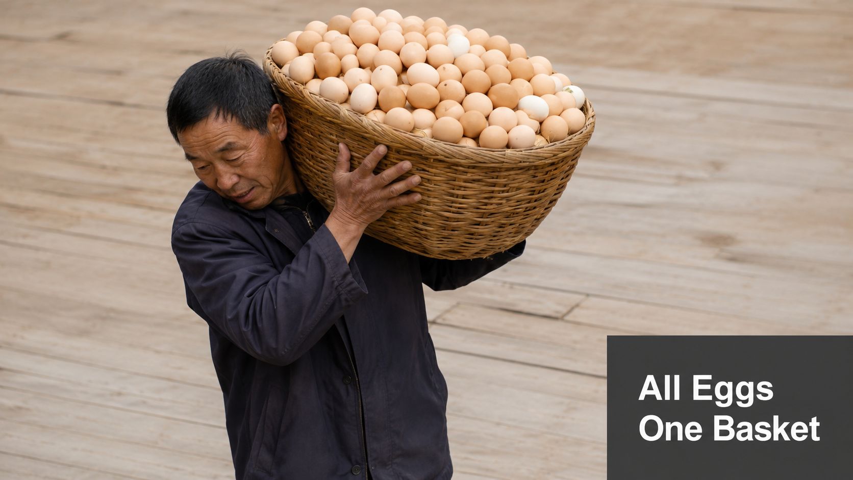 A man carrying a large woven basket overflowing with many eggs on his shoulder.