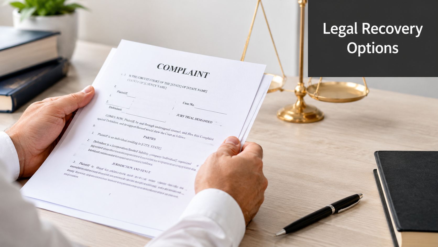 A person holding a legal complaint document at a desk with a gavel and law books.