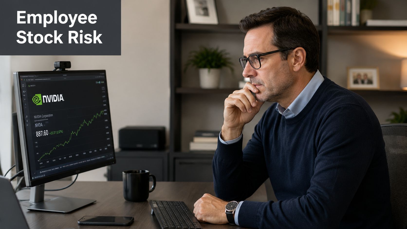 A concerned professional analyzing NVIDIA stock market performance on his computer monitor at a home office desk.