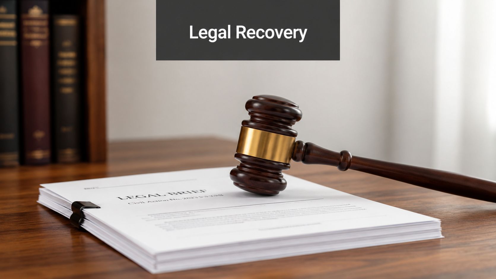A wooden judge's gavel resting on top of a stack of legal brief documents on a wooden desk.