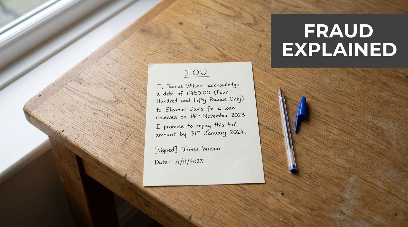 A hand-written promissory note document rests on a wooden desk next to a blue ballpoint pen.