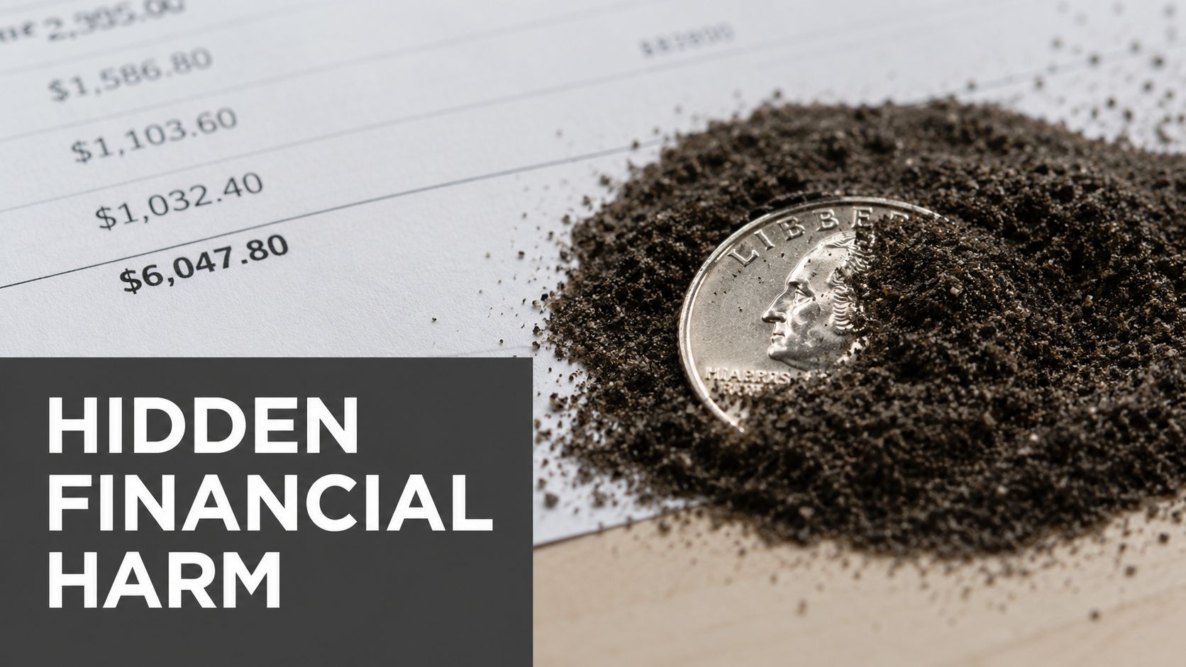 A close-up of a US quarter coin partially buried in dirt on top of a financial document.