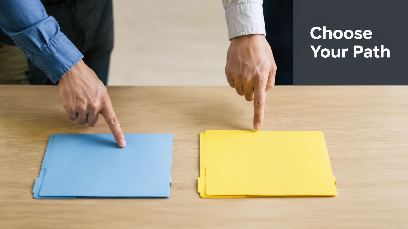 Two people pointing at blue and yellow folders on a wooden desk representing a career choice