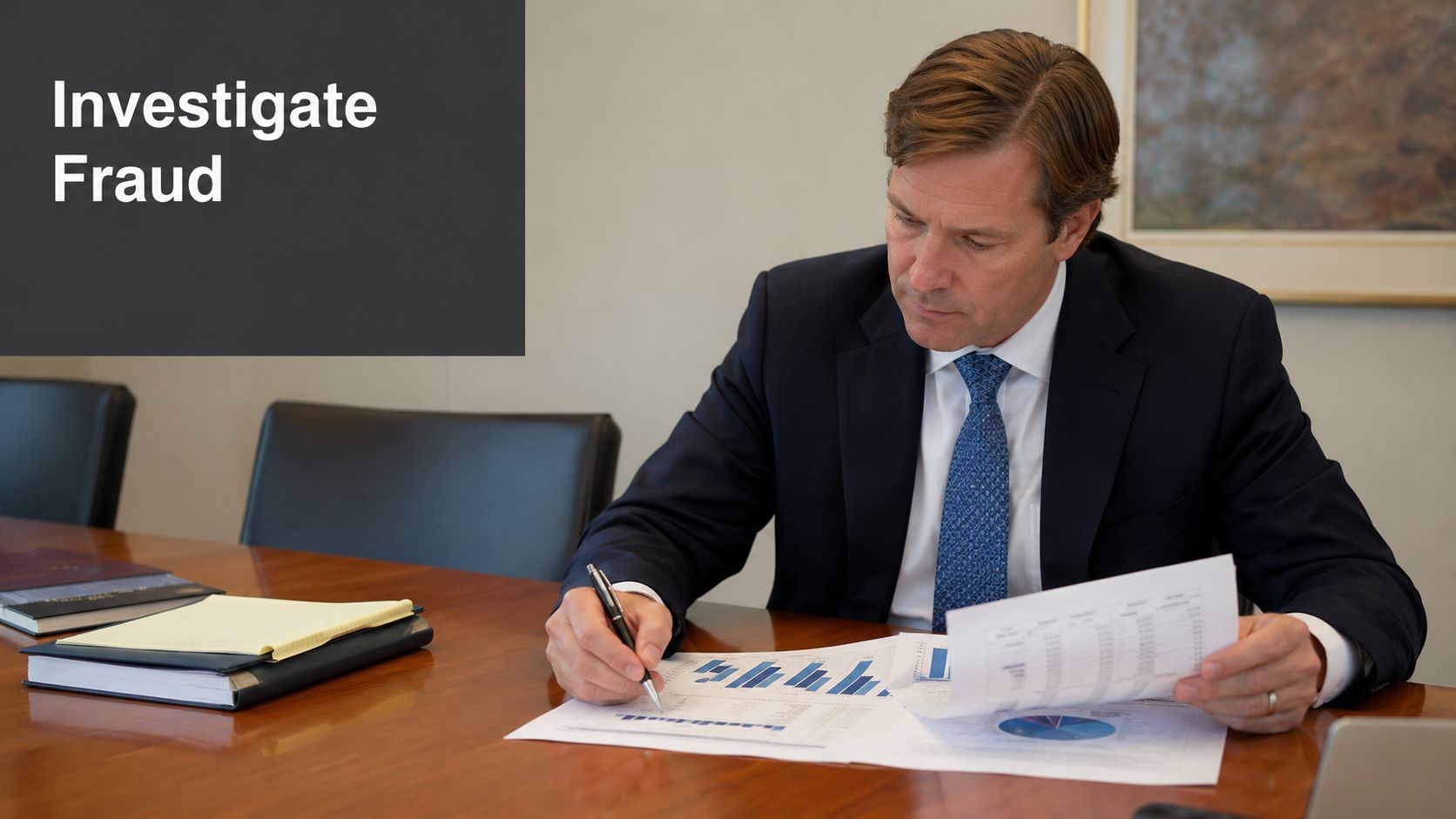 A professional in a suit reviews financial documents and charts at a boardroom table during an investigation.
